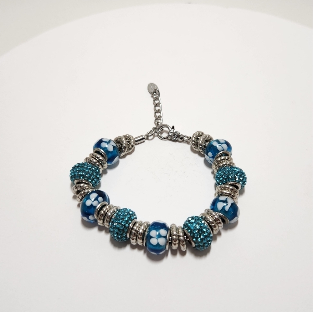 Charming Friends Charm Bracelet Blue Silvertone Murano Style Glass Pave Beads